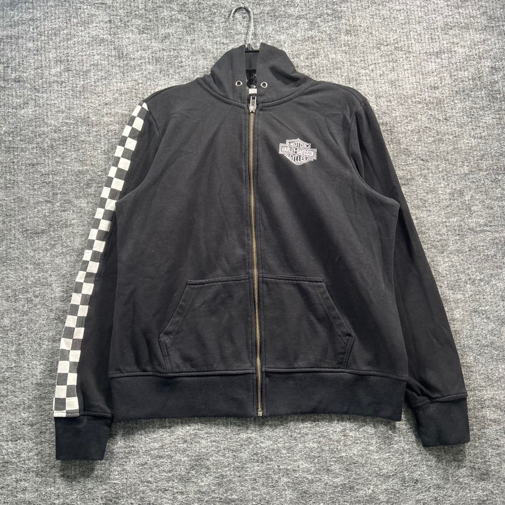 Harley-Davidson Mens Black Full Zip Checkerboard Sleeve Logo Hoodie Large